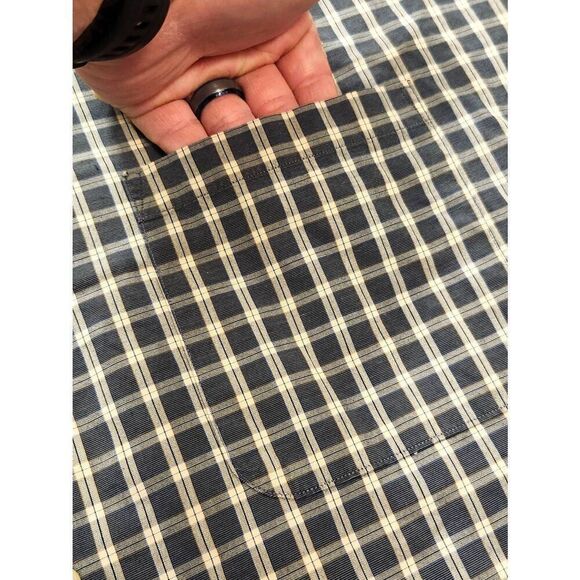 Coach Men XL Made IN USA 80s 2 ply cotton button up plaid Shirt Blue/Grey pocket - Picture 7 of 8